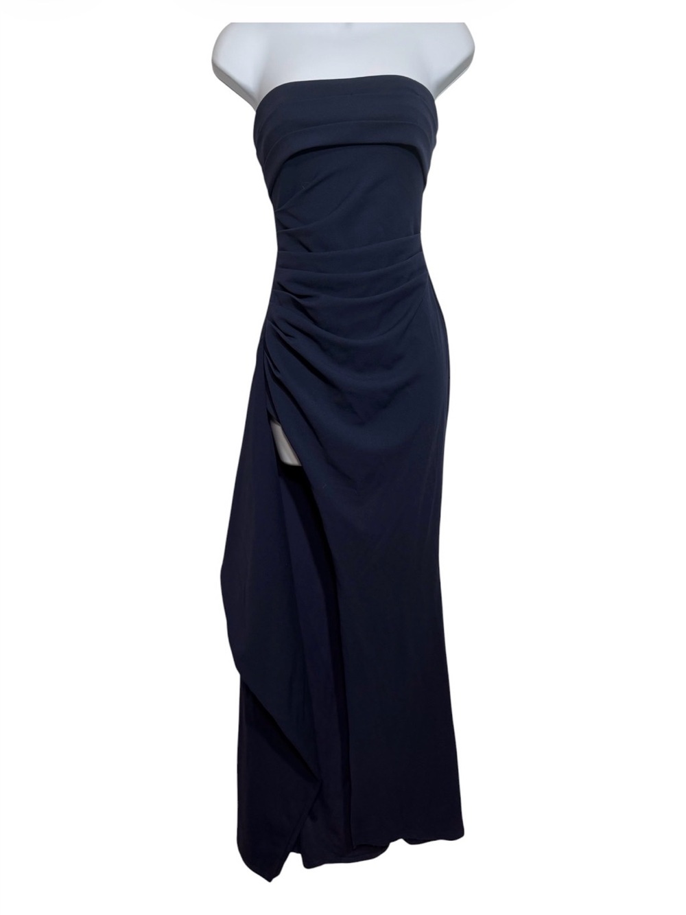 Baby Boo Strapless Navy Ruched Evening Gown Size XS Formal Prom High Slit Sexy